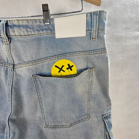 NWT Boohoo Man Mens 42 Ice Blue Denim Jean Plus Skinny Rigid Stacked Print Cargo - Picture 6 of 16